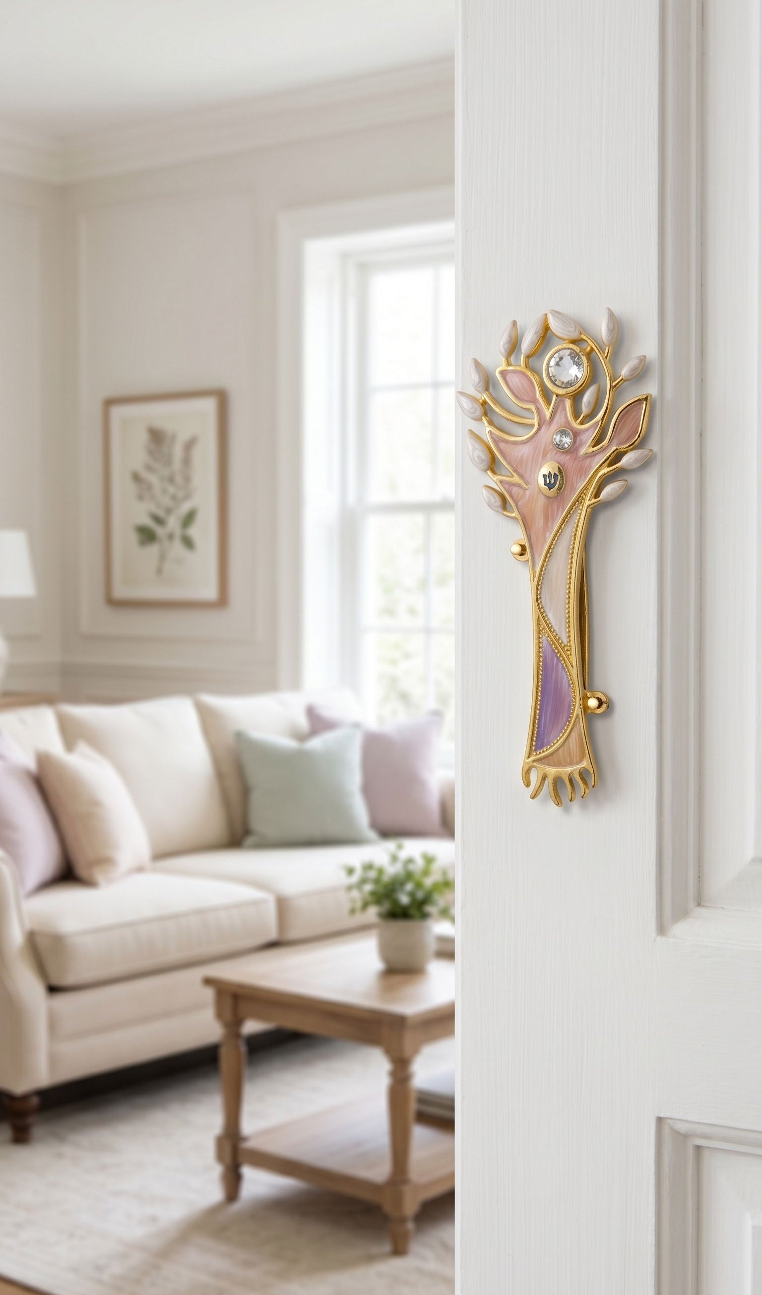 Polished, hyper-realistic image of pastel tree of life mezuzah mounted on a doorway in a modern indoor setting.