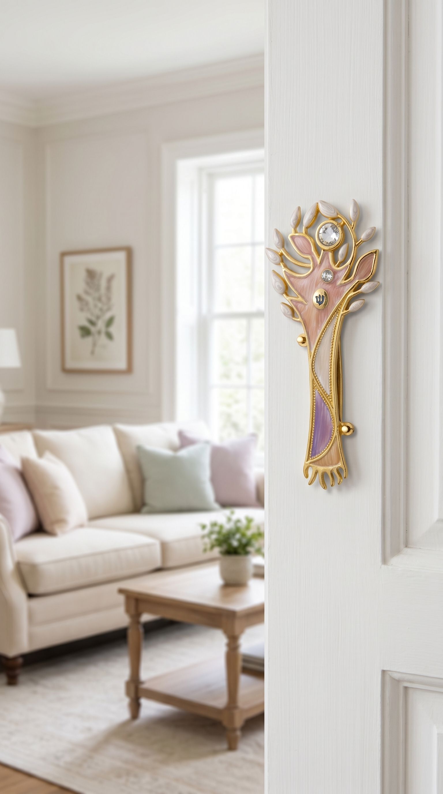 Polished, hyper-realistic image of pastel tree of life mezuzah mounted on a doorway in a modern indoor setting.