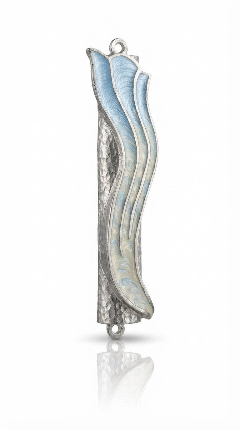Blue pastel wave design Mezuzah with Hebrew Shin, crafted in enamel with detailed surface textures, mounted on a white background.