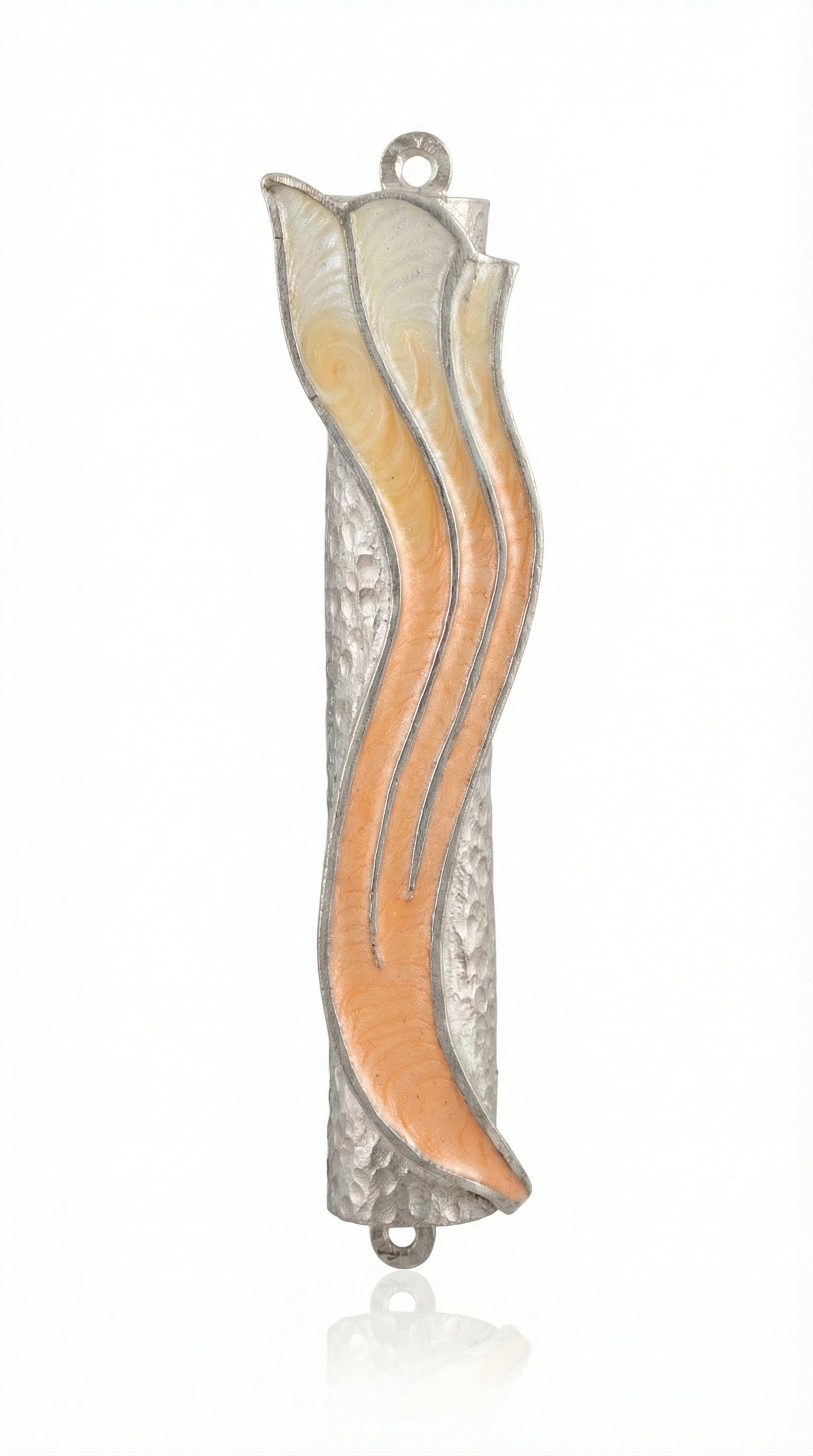 Elegant pastel wave Mezuzah with Hebrew Shin, 4.5 inches tall, detailed engraving, designed for home blessing and décor.