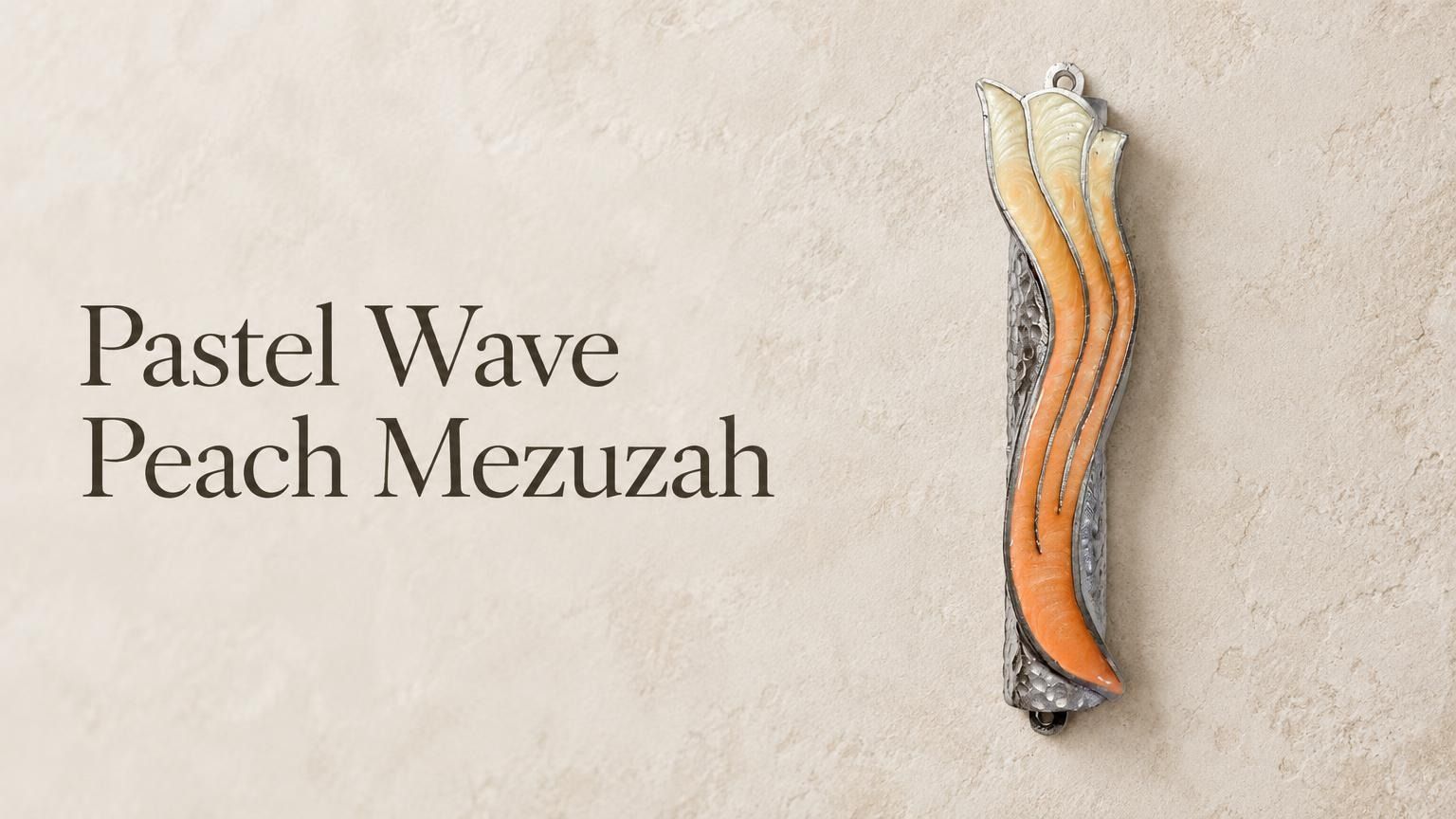 Pastel wave peach enamel and pewter mezuzah case designed for a 4-inch kosher scroll with a delicate Shin letter design.