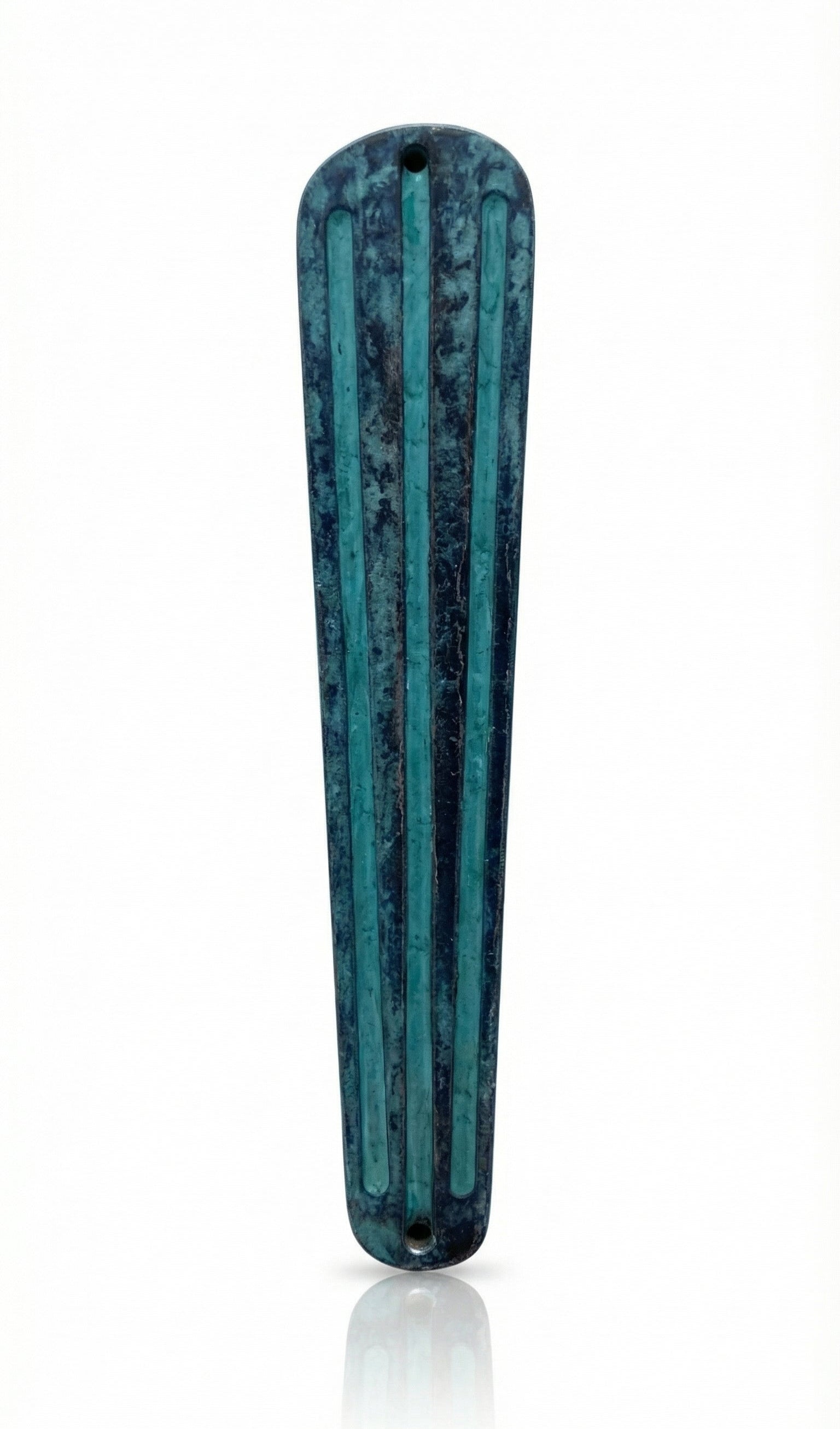 Patina II Mezuzah made of pewter with hand-painted enamel, measuring 4 inches tall, designed for home doorways, with strong mounting tape.