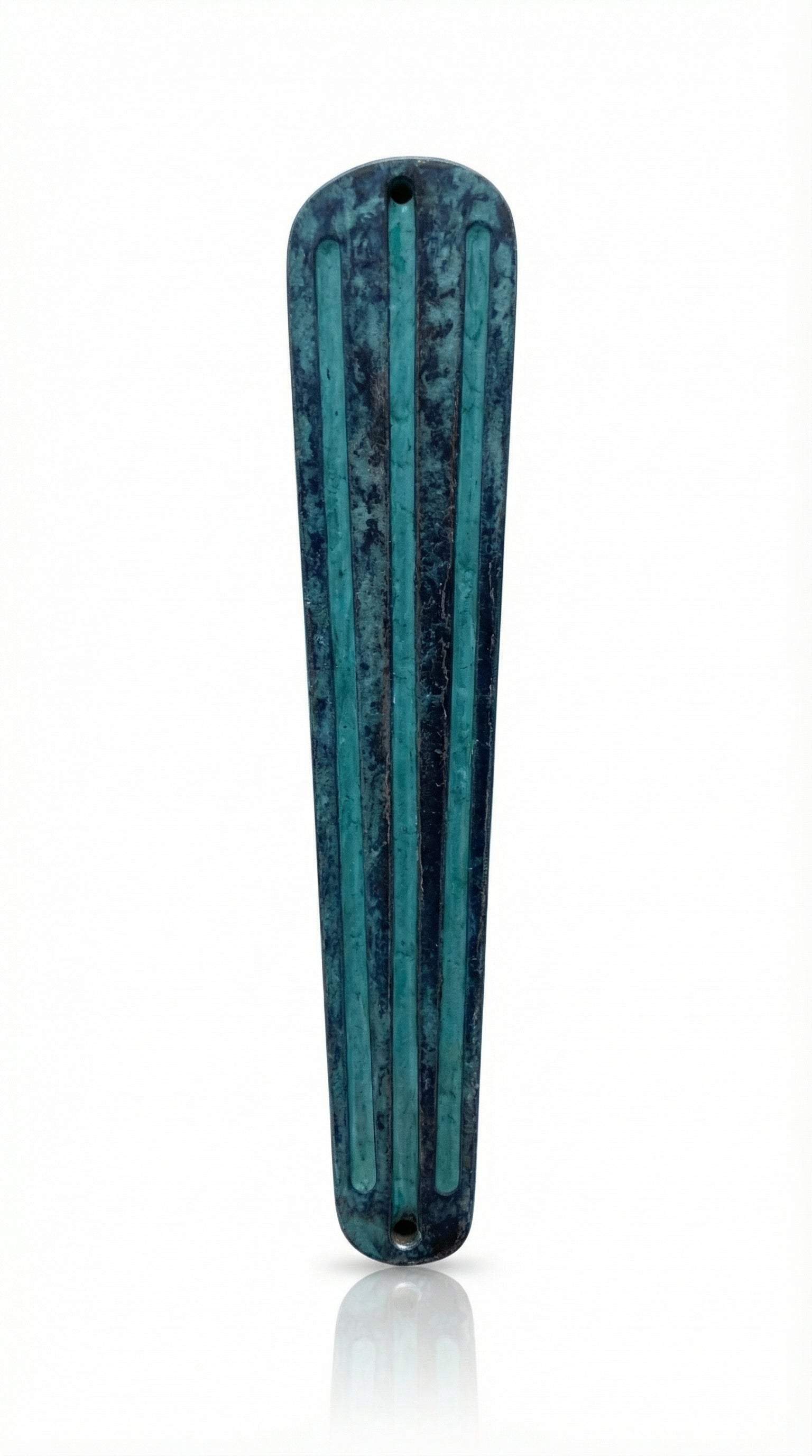 Patina II Mezuzah made of pewter with hand-painted enamel, measuring 4 inches tall, designed for home doorways, with strong mounting tape.