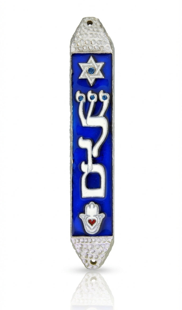 Upscale image of a pewter Peaceful Night Mezuzah featuring a Star of David, 'Shalom' inscription, and Hamsa symbol, on a white studio background with soft reflection.