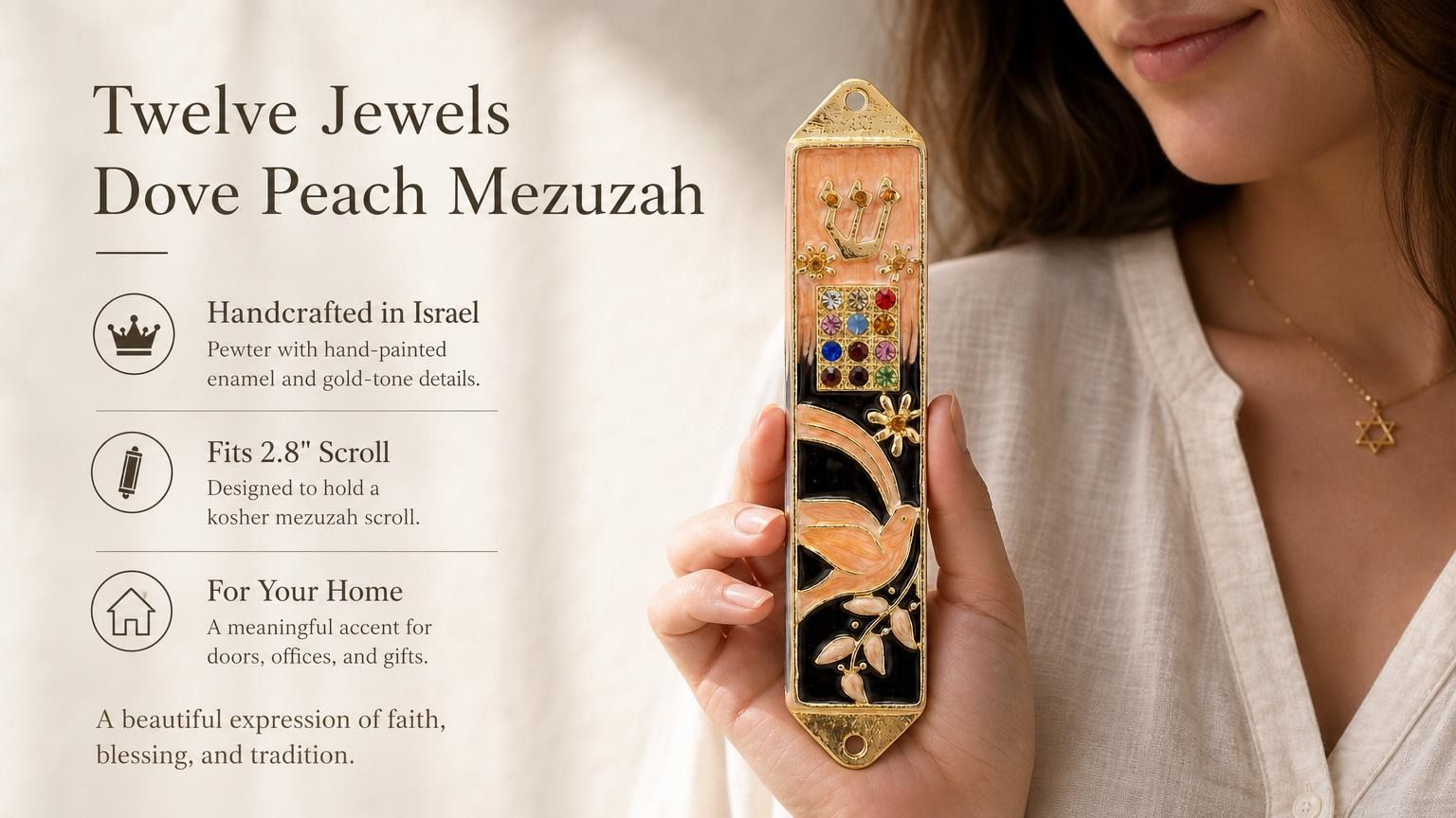 Peach enamel mezuzah case with dove, floral accents, and jeweled panel, featuring a Hebrew Shin and leafy branches, made in Israel.