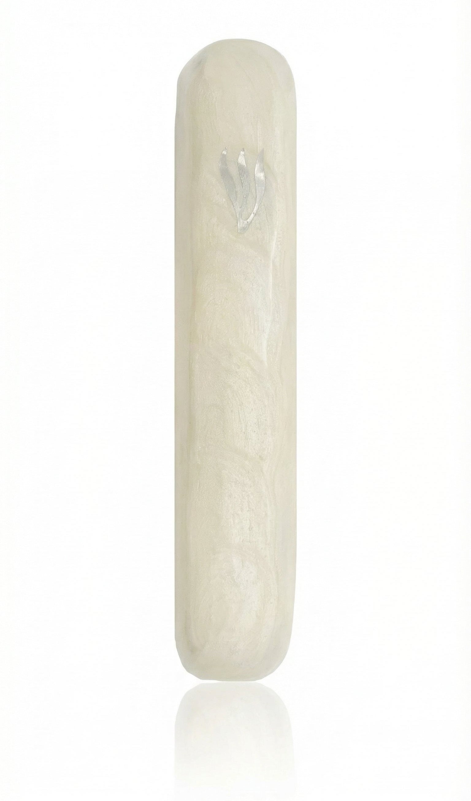 Elegant pearl-colored aluminum mezuzah in Israel style, with detailed Hebrew inscriptions and decorative motifs, on a white background with subtle reflection.