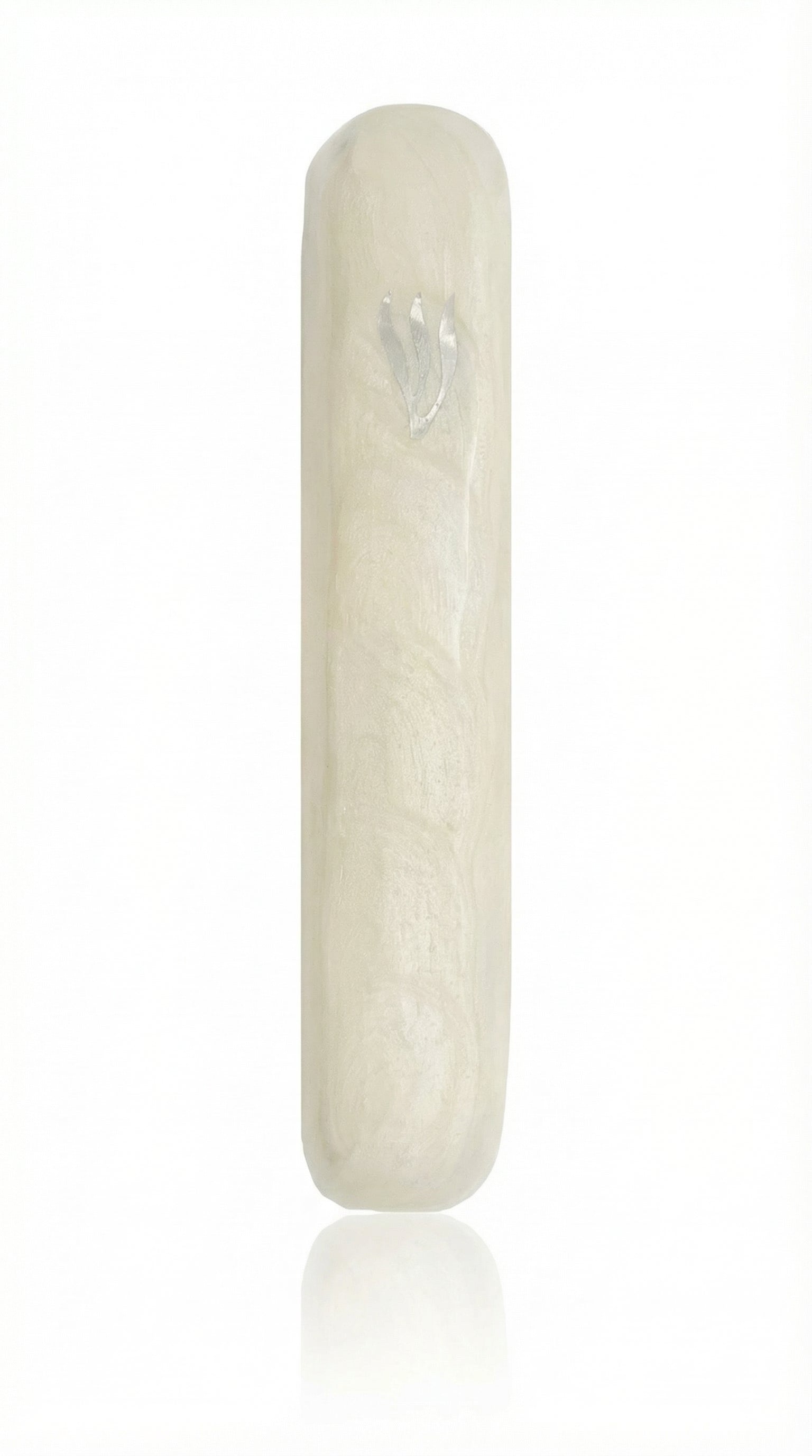 Elegant pearl-colored aluminum mezuzah in Israel style, with detailed Hebrew inscriptions and decorative motifs, on a white background with subtle reflection.