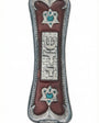 Pearlescent brown pewter mezuzah case made in the USA with a raised Shin, Kotel backdrop, and heart-shaped Stars of David with crystal-blue centers