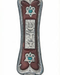 Pearlescent brown pewter mezuzah case made in the USA with a raised Shin, Kotel backdrop, and heart-shaped Stars of David with crystal-blue centers