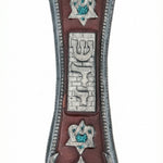 Pearlescent brown pewter mezuzah case made in the USA with a raised Shin, Kotel backdrop, and heart-shaped Stars of David with crystal-blue centers