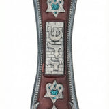 Pearlescent brown pewter mezuzah case made in the USA with a raised Shin, Kotel backdrop, and heart-shaped Stars of David with crystal-blue centers