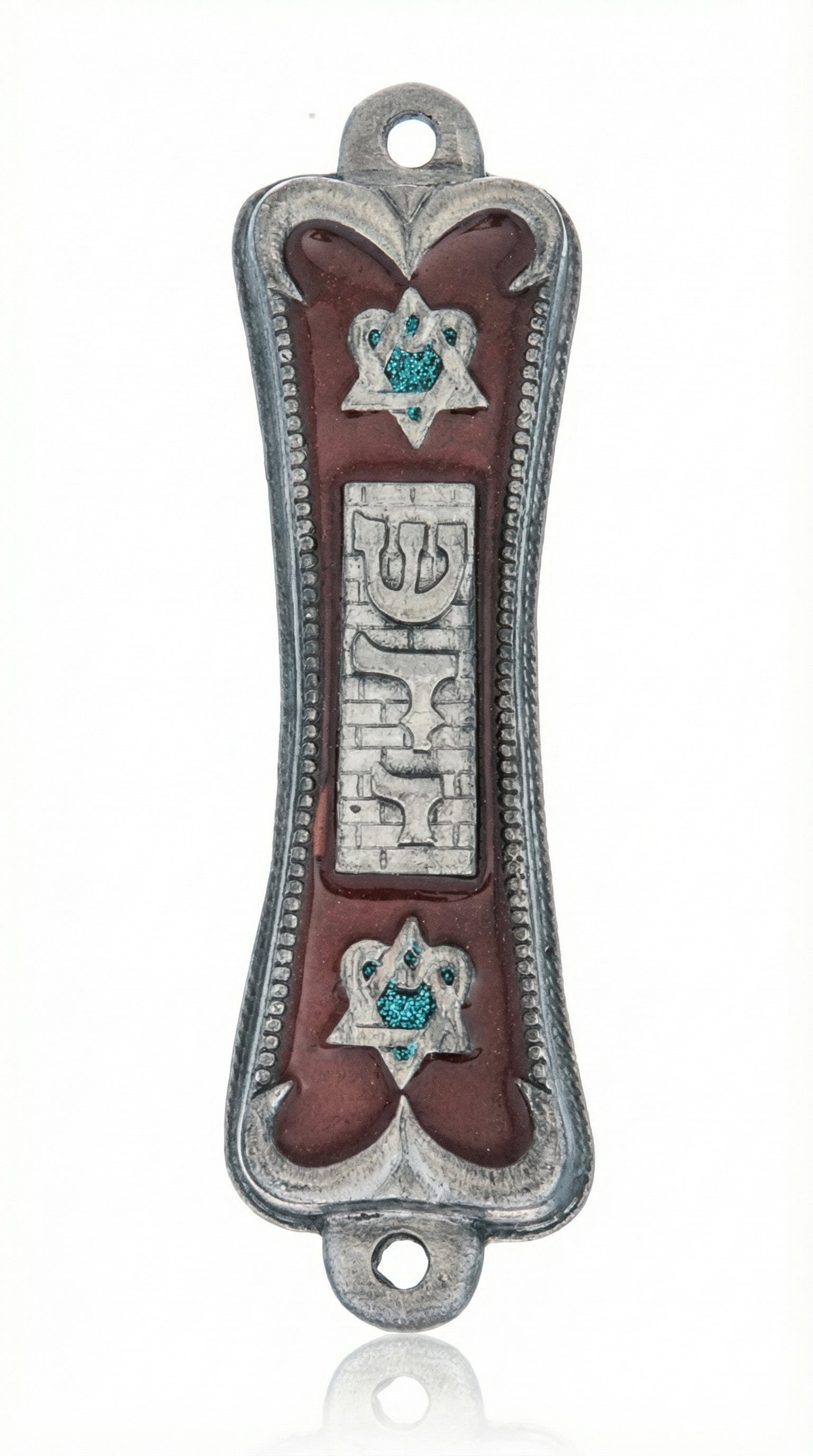 Pearlescent brown pewter mezuzah case made in the USA with a raised Shin, Kotel backdrop, and heart-shaped Stars of David with crystal-blue centers