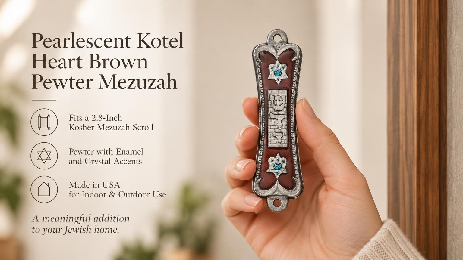Hand holding a Pearlescent Kotel Heart brown pewter mezuzah with enamel finish, raised Shin and blue heart-shaped Star of David accents