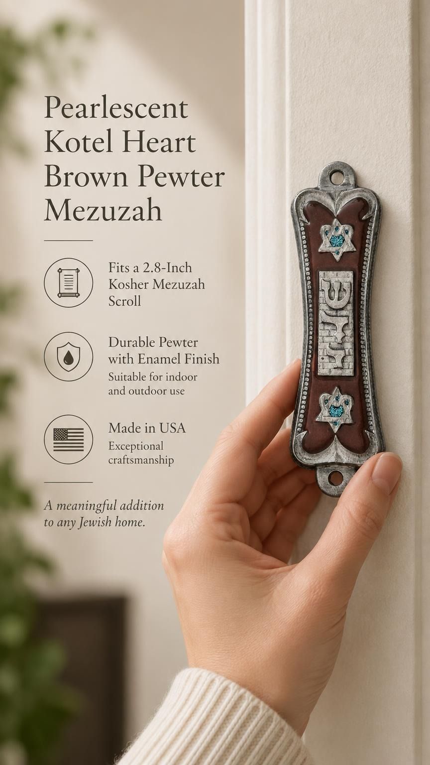 Pearlescent Kotel Heart brown pewter mezuzah being placed on a white doorpost with silver Shin and heart-shaped Star of David details