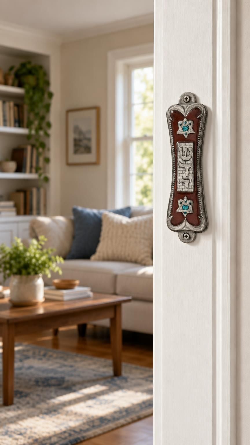 Pearlescent Kotel Heart pewter mezuzah with crystal blue accents mounted on a residential doorpost