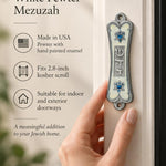 Pearlescent Kotel Heart white pewter mezuzah being placed on a doorway with raised Shin, blue accents and heart-shaped Star of David designs