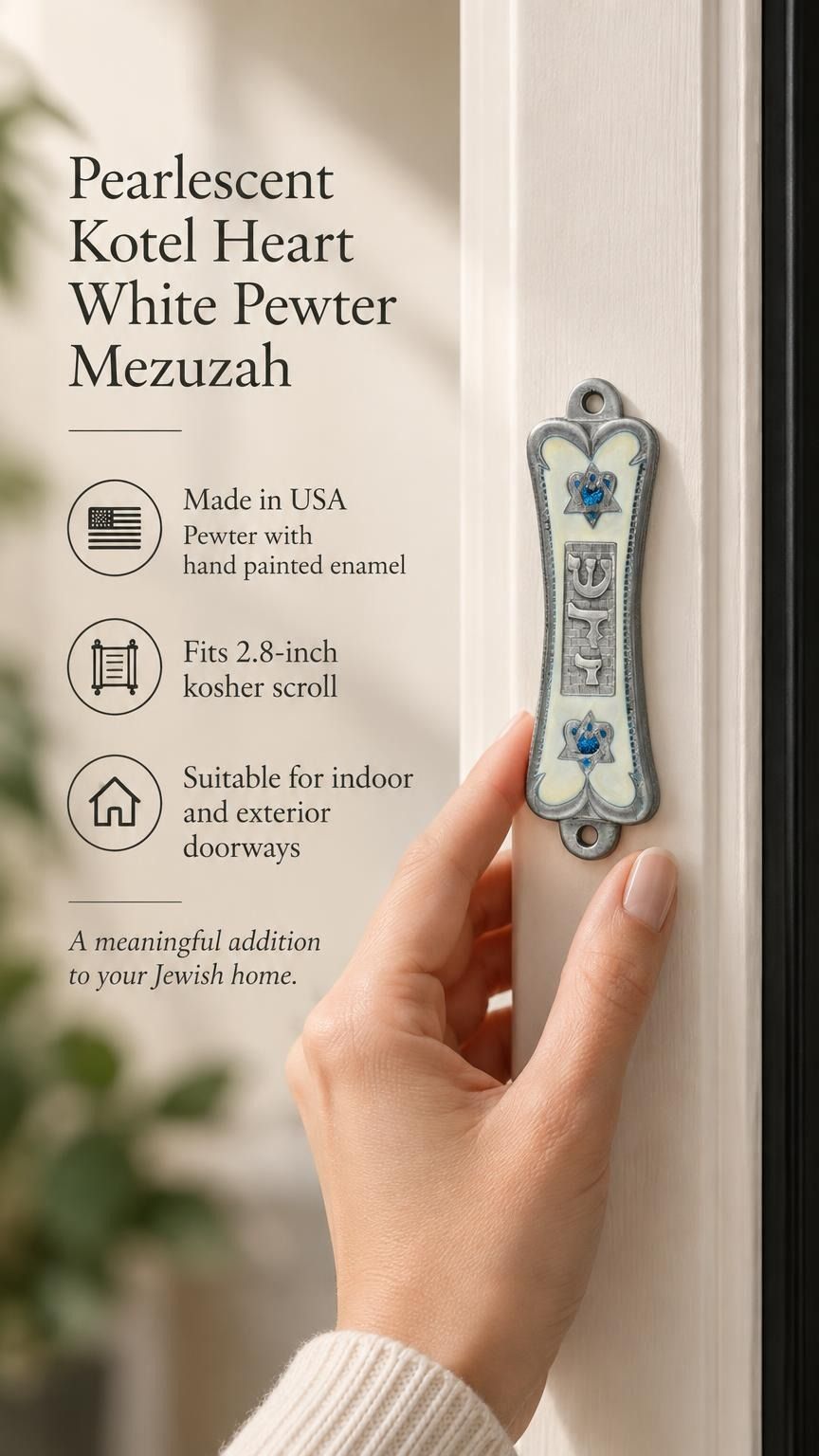 Pearlescent Kotel Heart white pewter mezuzah being placed on a doorway with raised Shin, blue accents and heart-shaped Star of David designs