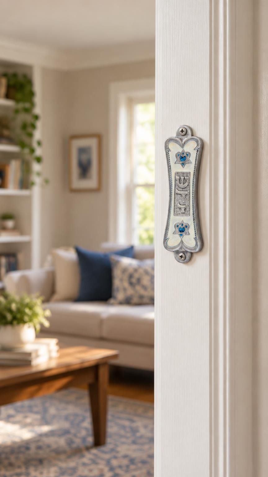 Pearlescent white pewter mezuzah case mounted on an interior doorpost with silver Shin and blue heart-shaped Stars of David