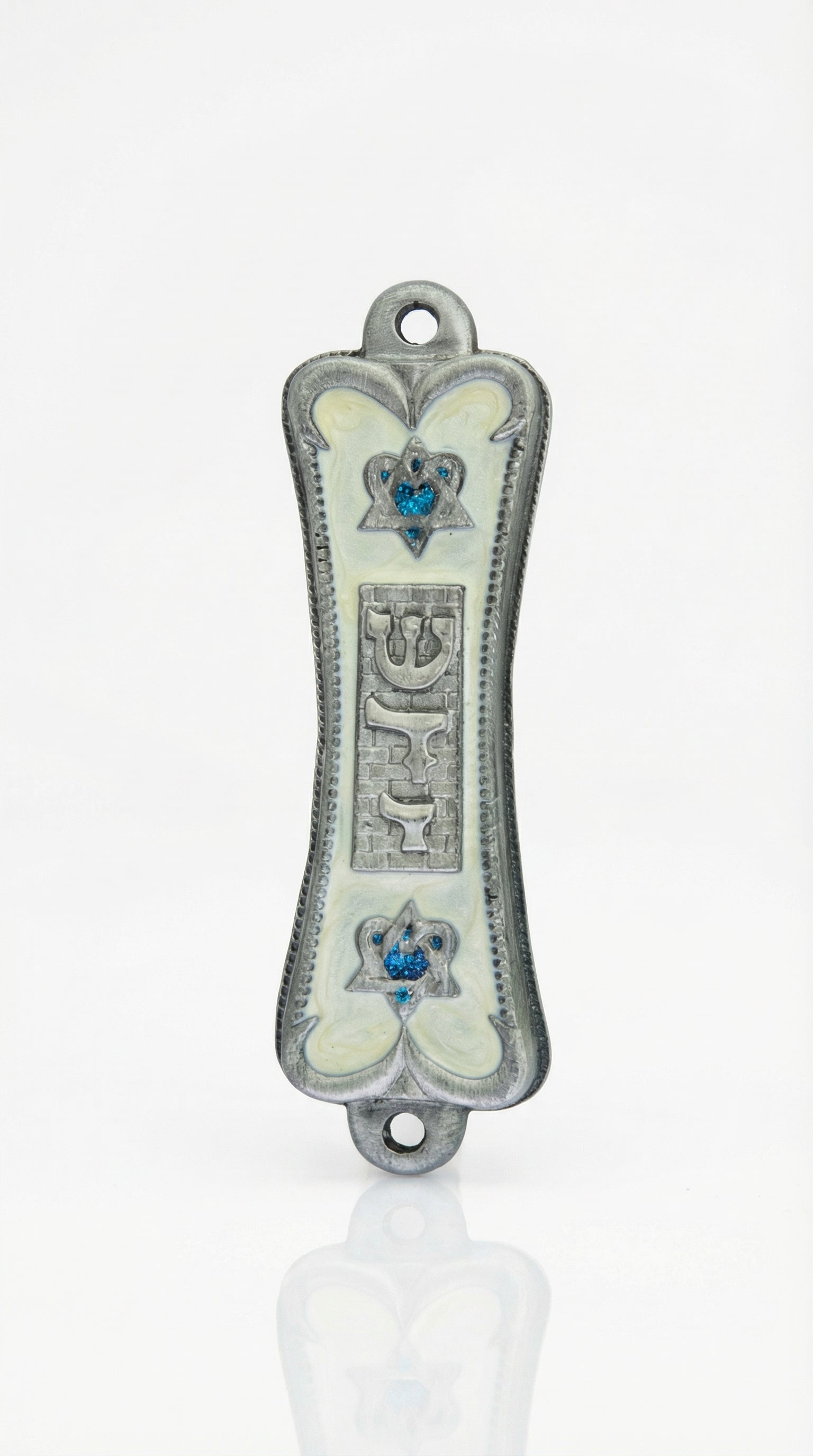 Elegant pearlescent pewter mezuzah with Hebrew letter Shin, framed by a Kotel backdrop, decorated with stylized Star of David symbols