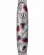 Pewter mezuzah featuring vibrant pomegranates design, crafted by Israeli artist Emanuel, with detailed Hebrew inscriptions and decorative motifs.