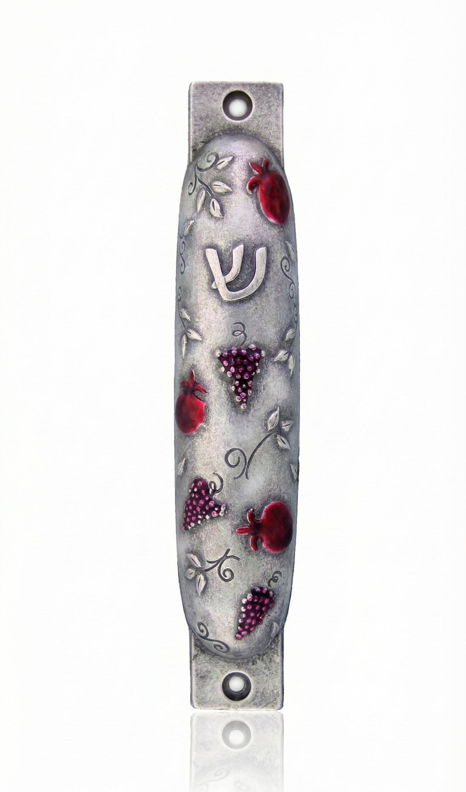 Pewter mezuzah featuring vibrant pomegranates design, crafted by Israeli artist Emanuel, with detailed Hebrew inscriptions and decorative motifs.