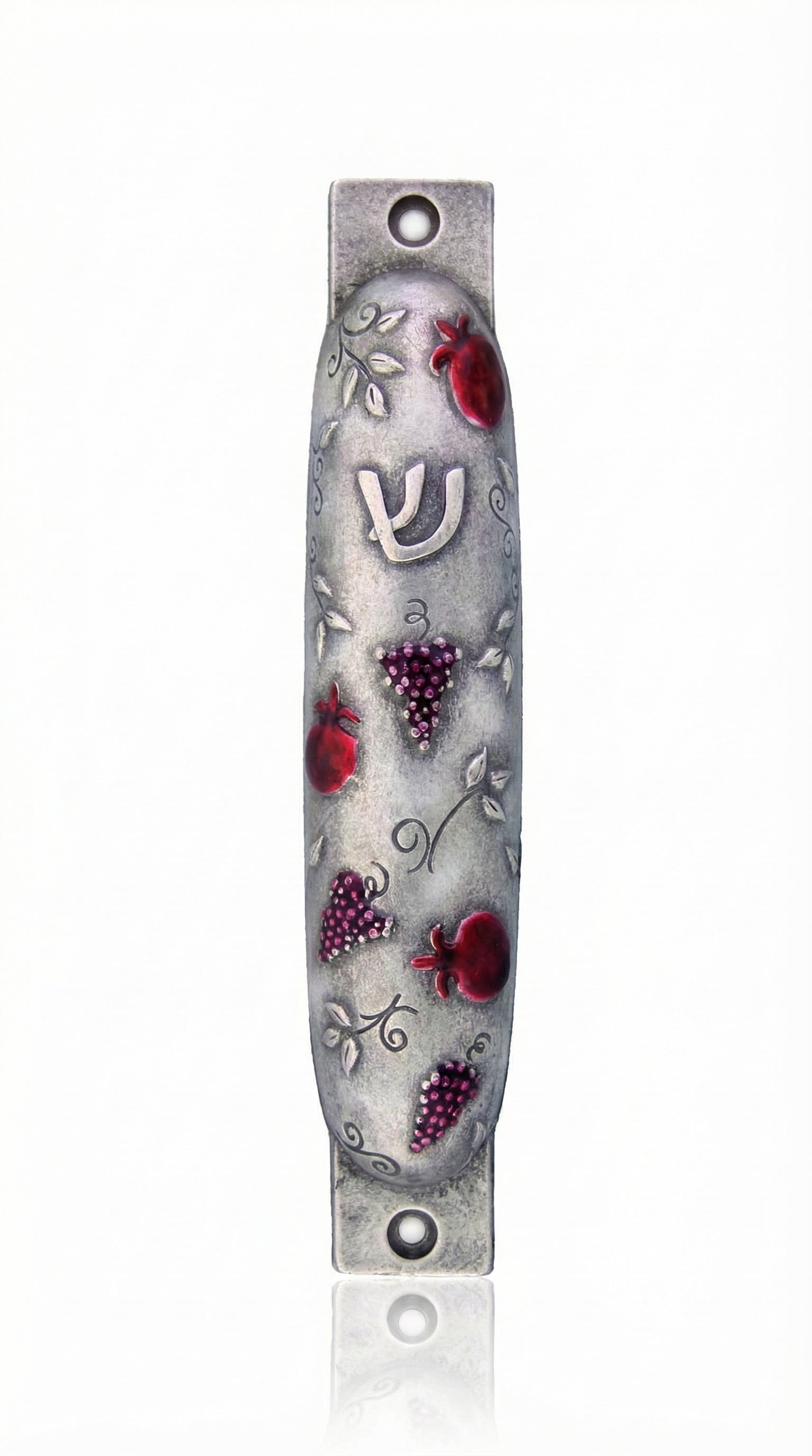 Pewter mezuzah featuring vibrant pomegranates design, crafted by Israeli artist Emanuel, with detailed Hebrew inscriptions and decorative motifs.