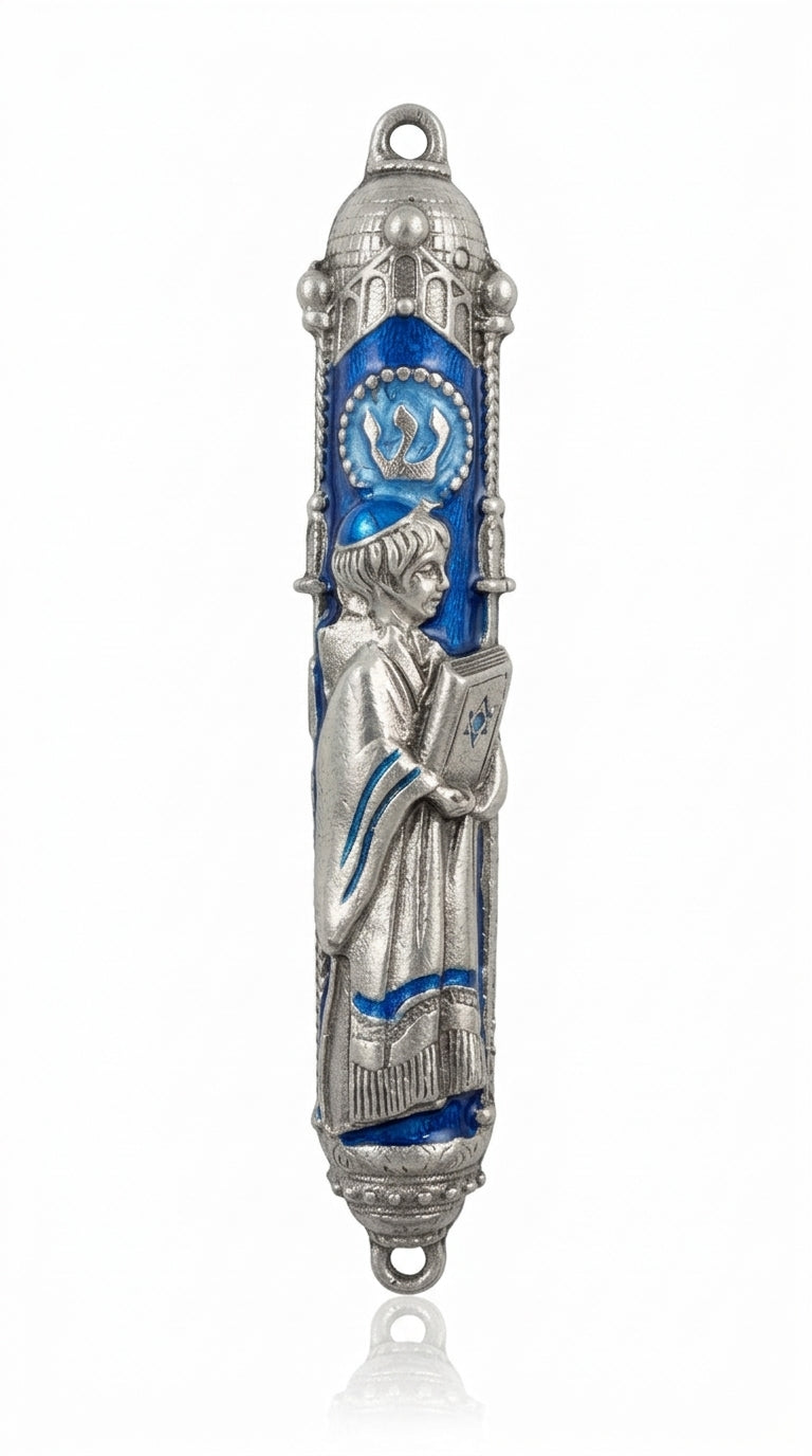 Elegant pewter mezuzah featuring a boy holding a prayer book, blue enamel accents, and silver details, displayed on a white studio background with subtle reflection.