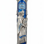 Elegant pewter mezuzah featuring a boy holding a prayer book, blue enamel accents, and silver details, displayed on a white studio background with subtle reflection.