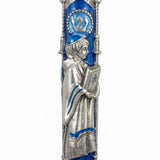 Elegant pewter mezuzah featuring a boy holding a prayer book, blue enamel accents, and silver details, displayed on a white studio background with subtle reflection.