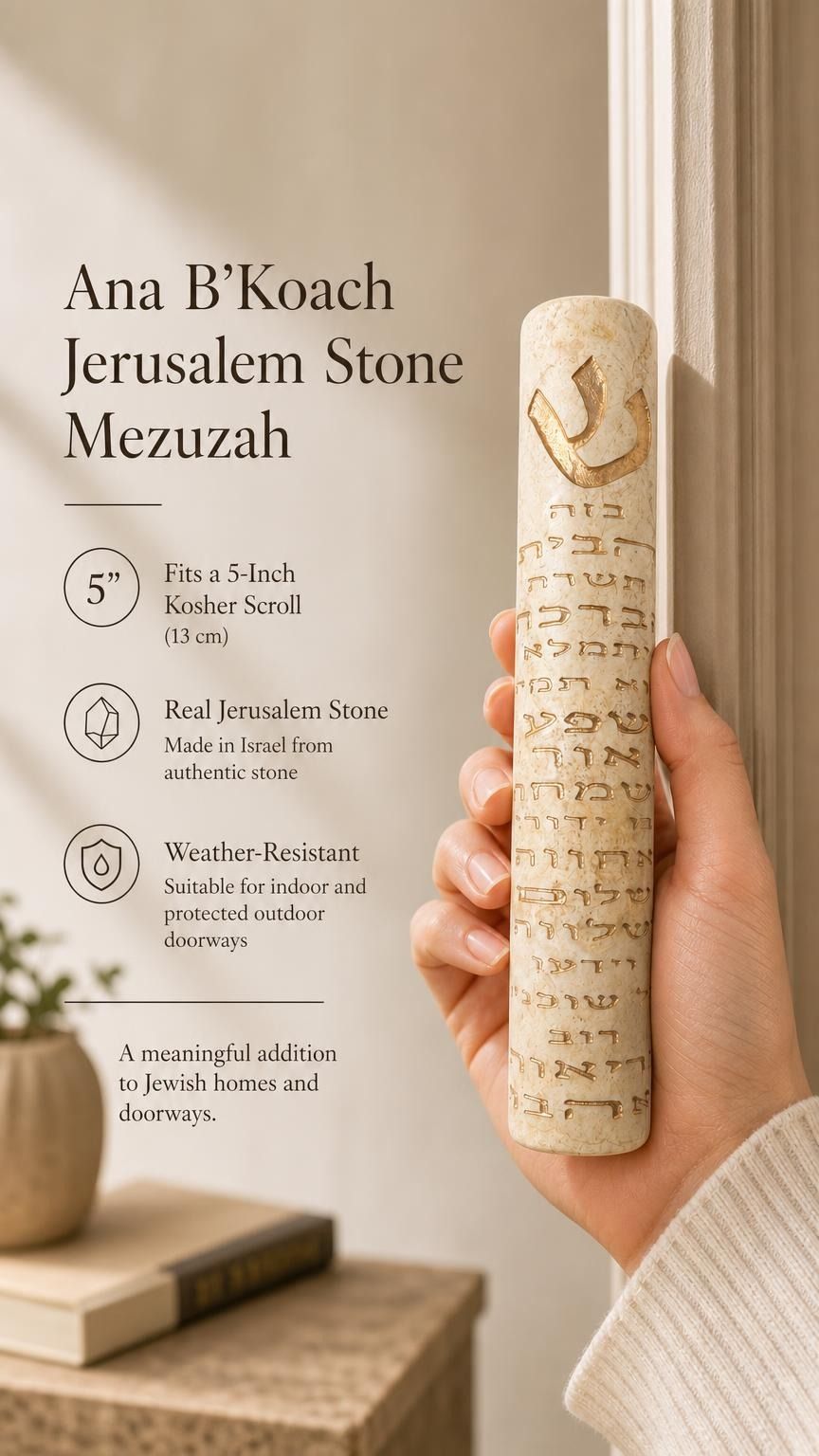 Person holding Ana B’Koach Jerusalem Stone Mezuzah, showing its design and size on a natural background.