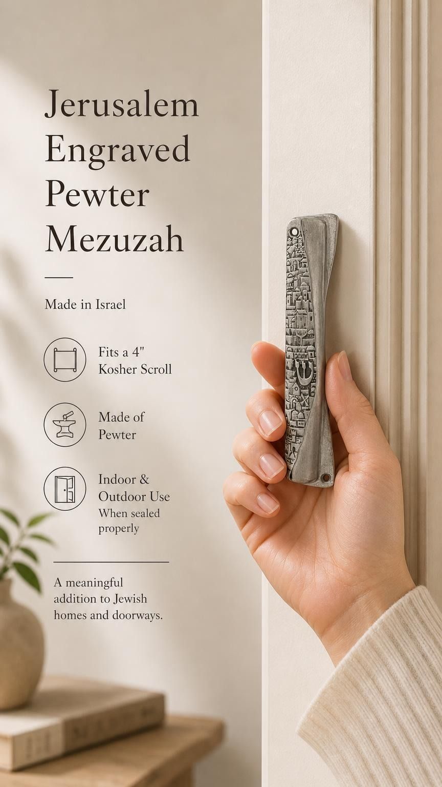Person holding an exact Jerusalem pewter mezuzah case at realistic size, highlighting traditional design and material.
