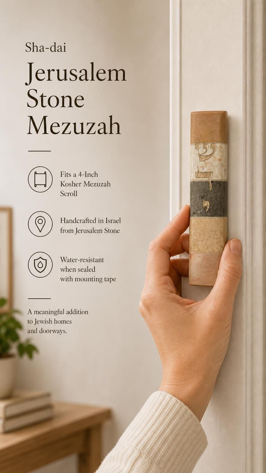 A person holding a natural Jerusalem stone mezuzah case with gold Hebrew lettering, captured in warm, soft natural light.