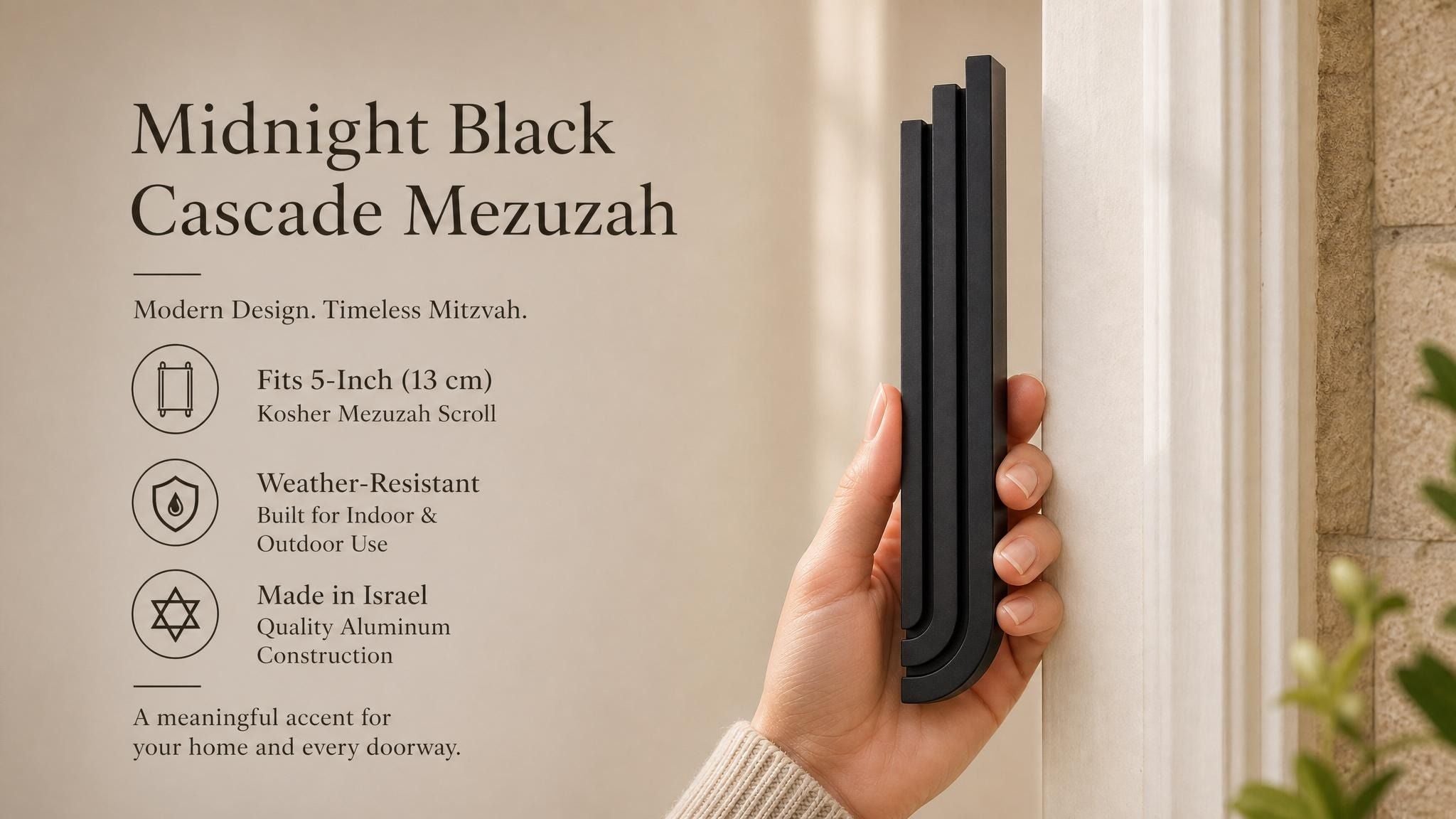 Person naturally holding the Midnight Black Cascade Mezuzah with editorial space for product showcase.