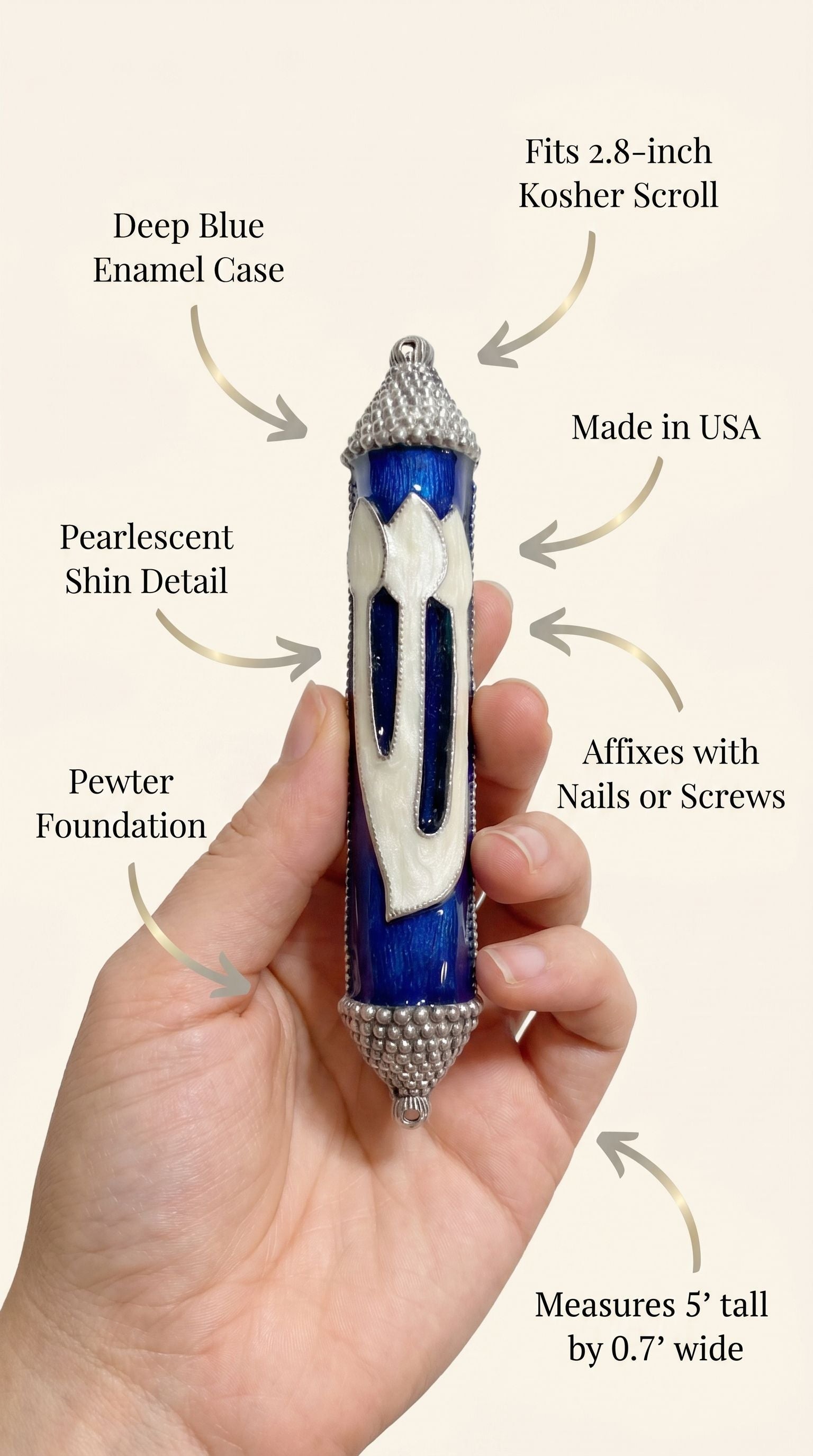 Person supporting a Heavenly Blue mezuzah, emphasizing its elegant design, material, and craftsmanship in a clean, minimalist style.