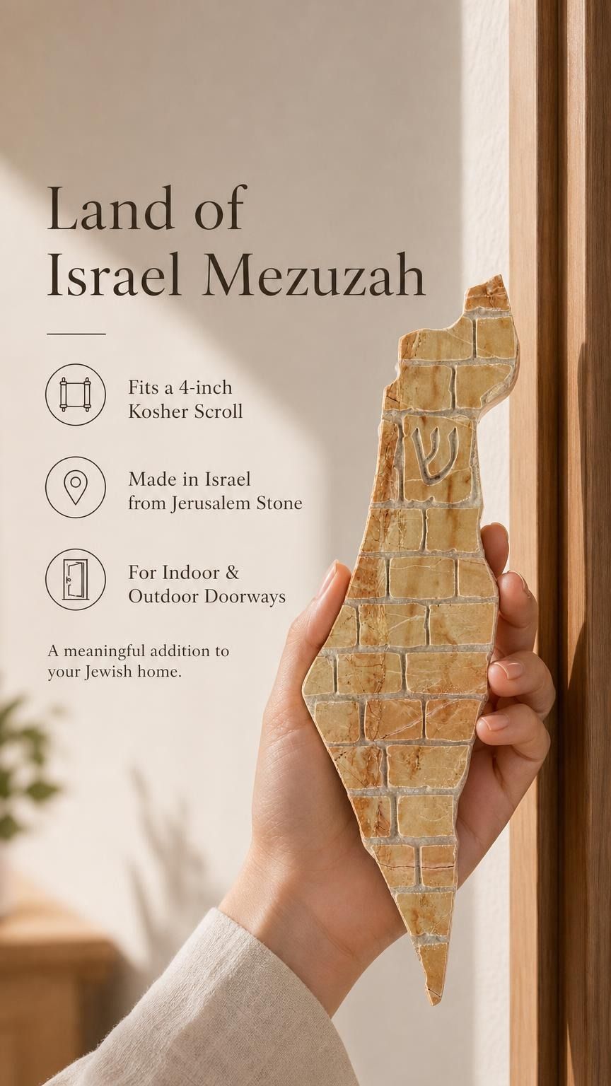Person holding the Eretz Yisrael cream Jerusalem stone mezuzah, showing its width and gold detail.