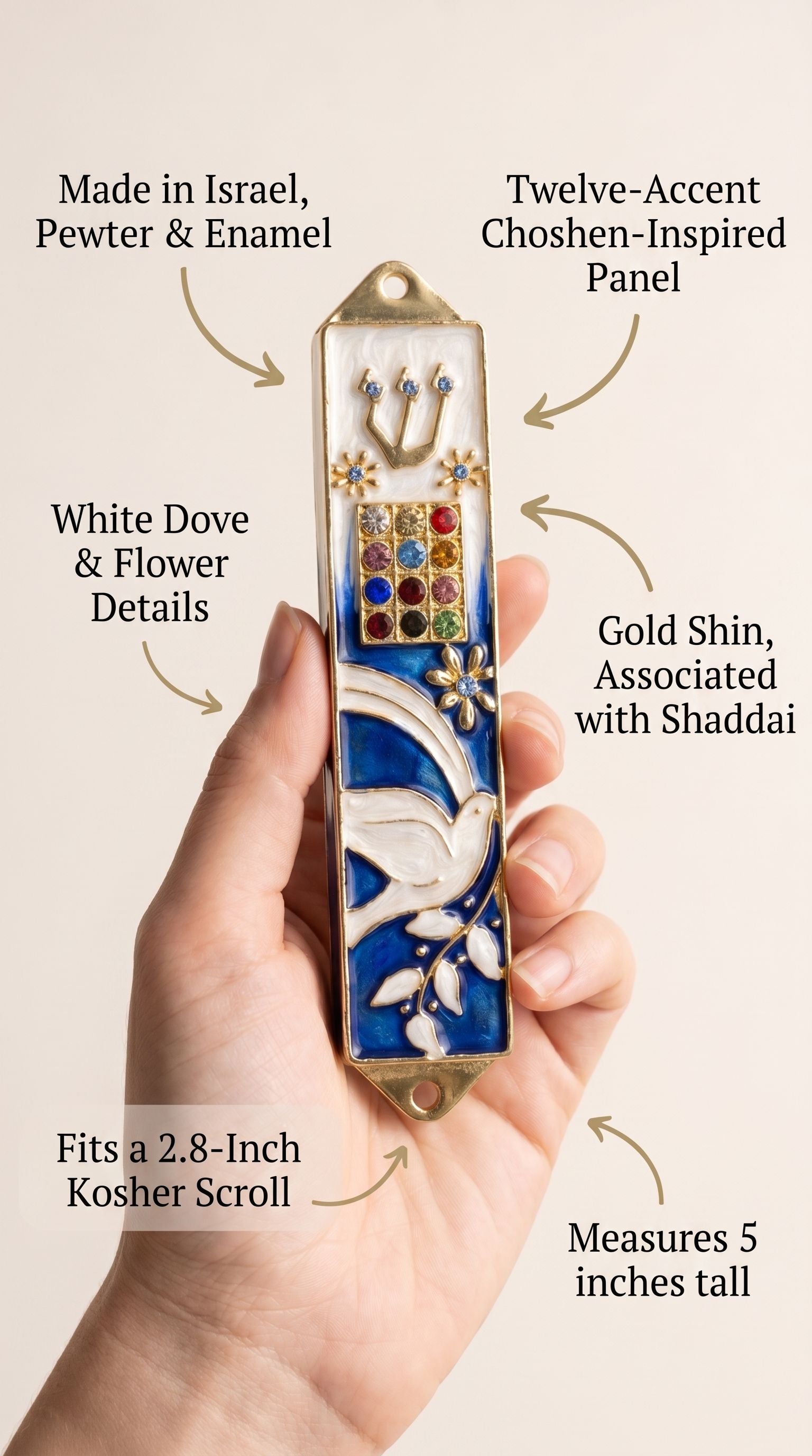 Person holding a dove blue mezuzah showcasing its detailed design and elegance.