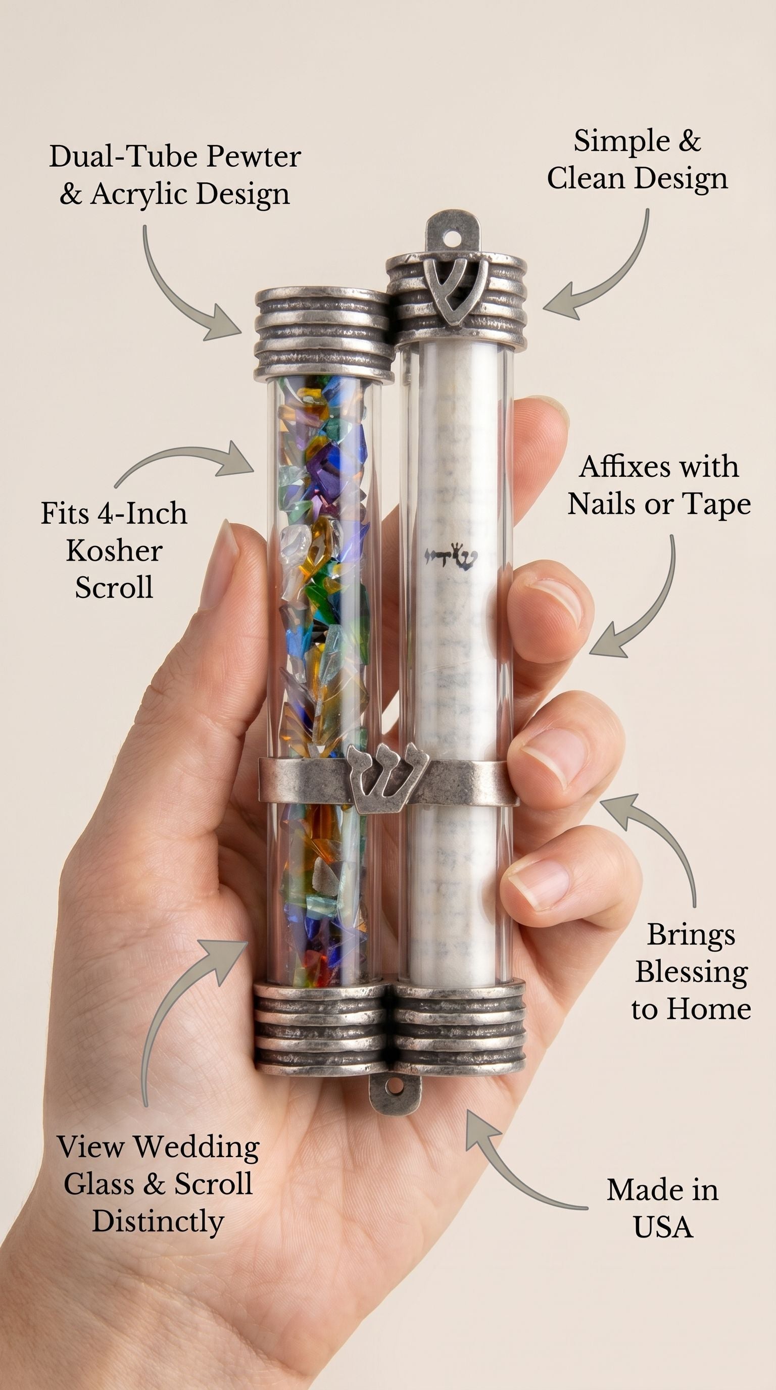 Minimalist callout image showing a person supporting an elegant mezuzah with product details and material focus.