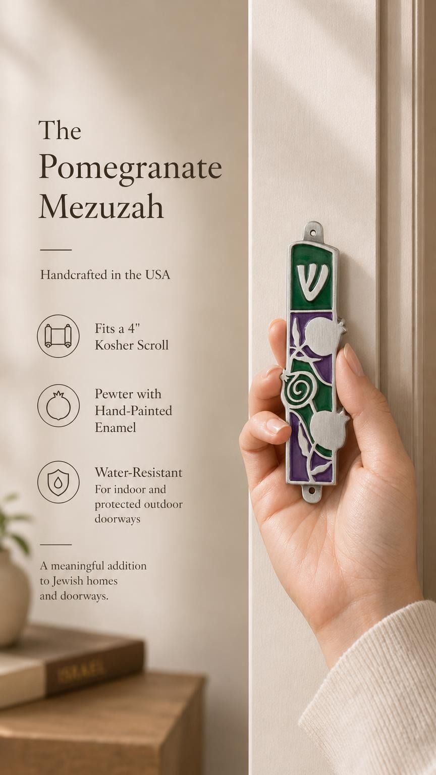 Person holding the precise mezuzah case at natural scale, showcasing its design, shape, and materials in a premium store setting.