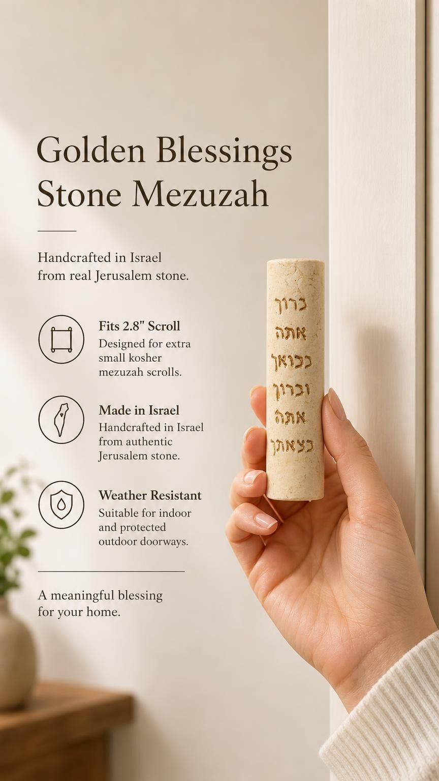 Person holding Jerusalem stone mezuzah horizontally, showcasing its texture and design with natural light and detailed focus.