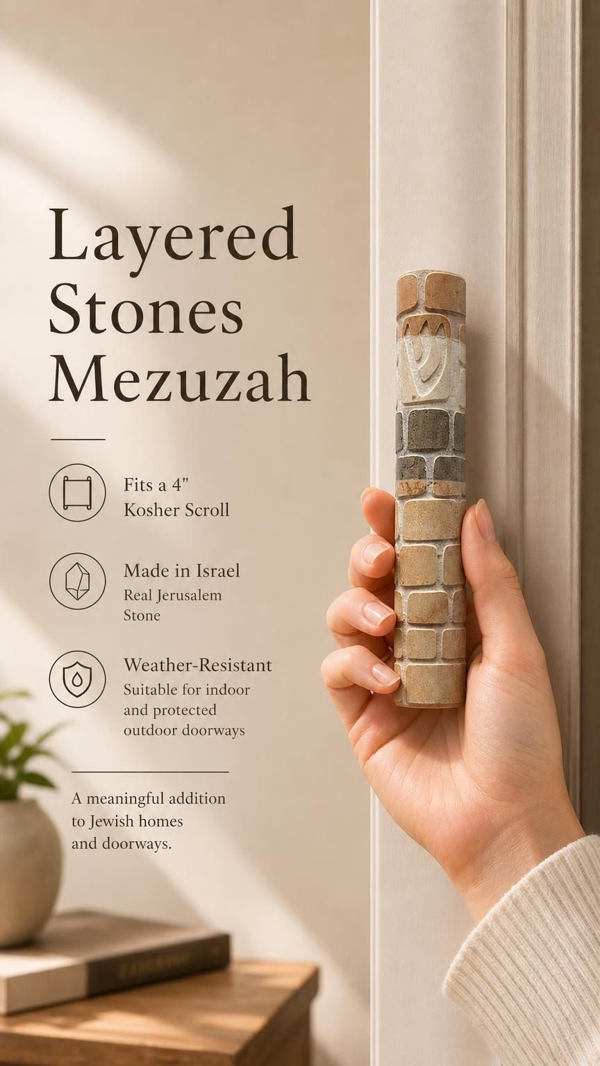 Person holding a genuine Jerusalem stone Mezuzah, showing its natural texture and dimensions in a lifestyle setting.