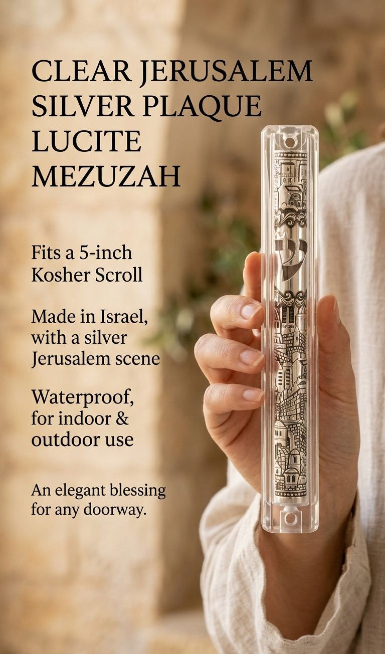 Individual presenting the Clear Jerusalem Silver Plaque Lucite Mezuzah with detailed Jerusalem depiction and Hebrew Shin at true-to-scale.