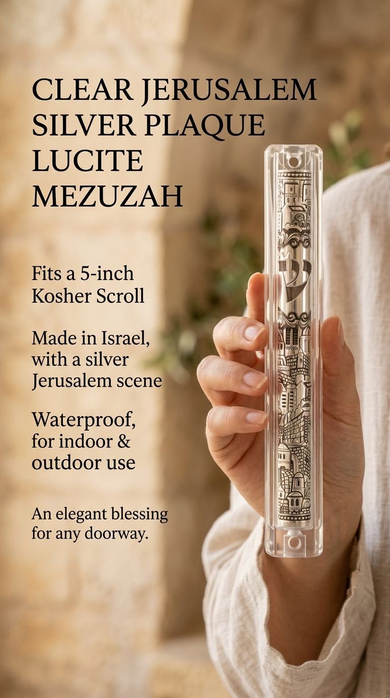 Individual presenting the Clear Jerusalem Silver Plaque Lucite Mezuzah with detailed Jerusalem depiction and Hebrew Shin at true-to-scale.