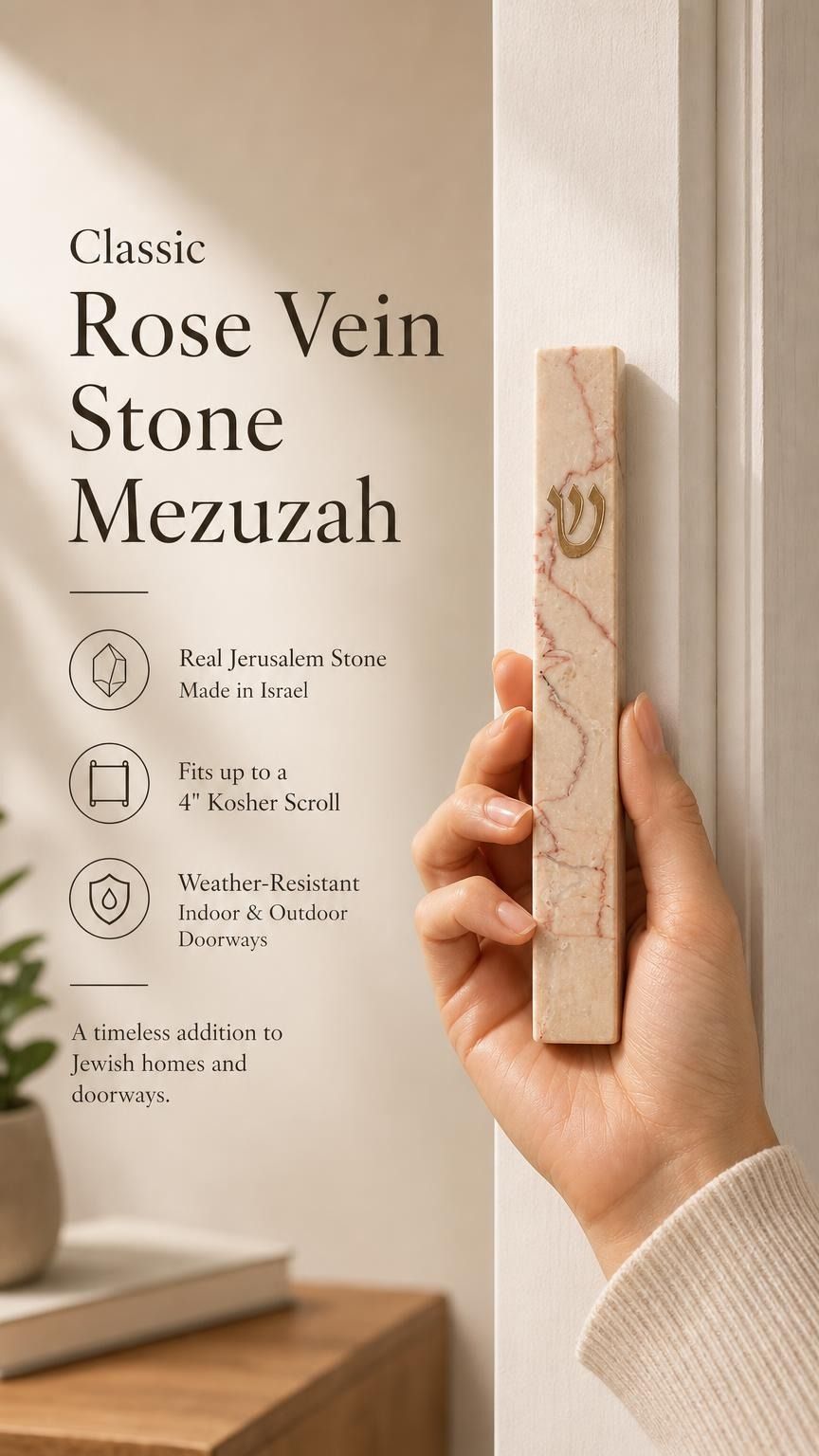 Person naturally holding a Jerusalem stone mezuzah in hand, highlighting the textured natural material and Hebrew detail, in a premium product presentation.