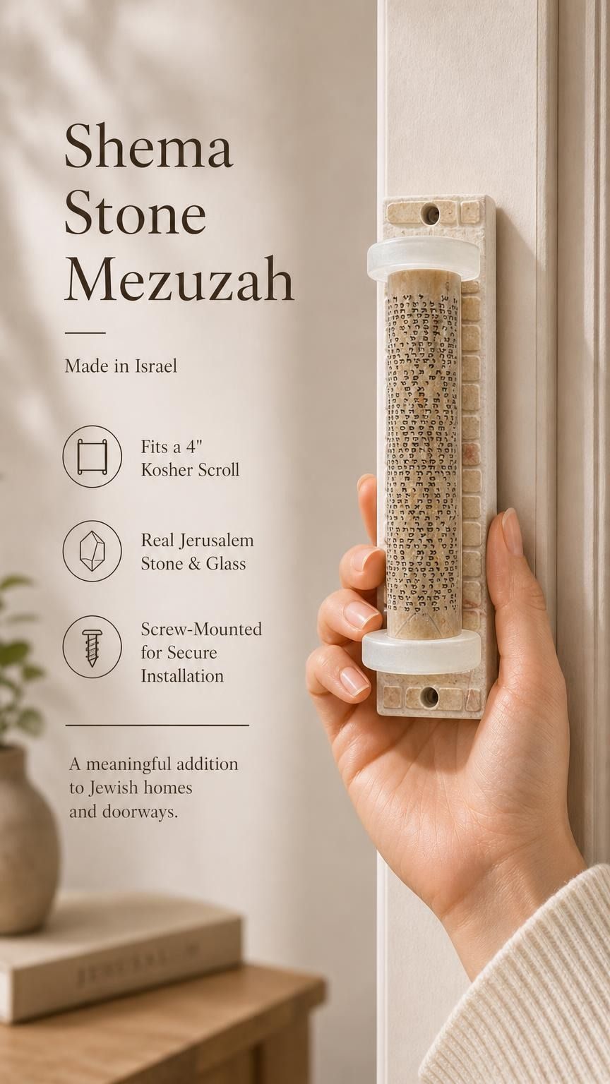 Person holding a Jerusalem Stone Mezuzah at realistic scale, showcasing precise shape, material, and engraved Shema prayer in a premium store setting.