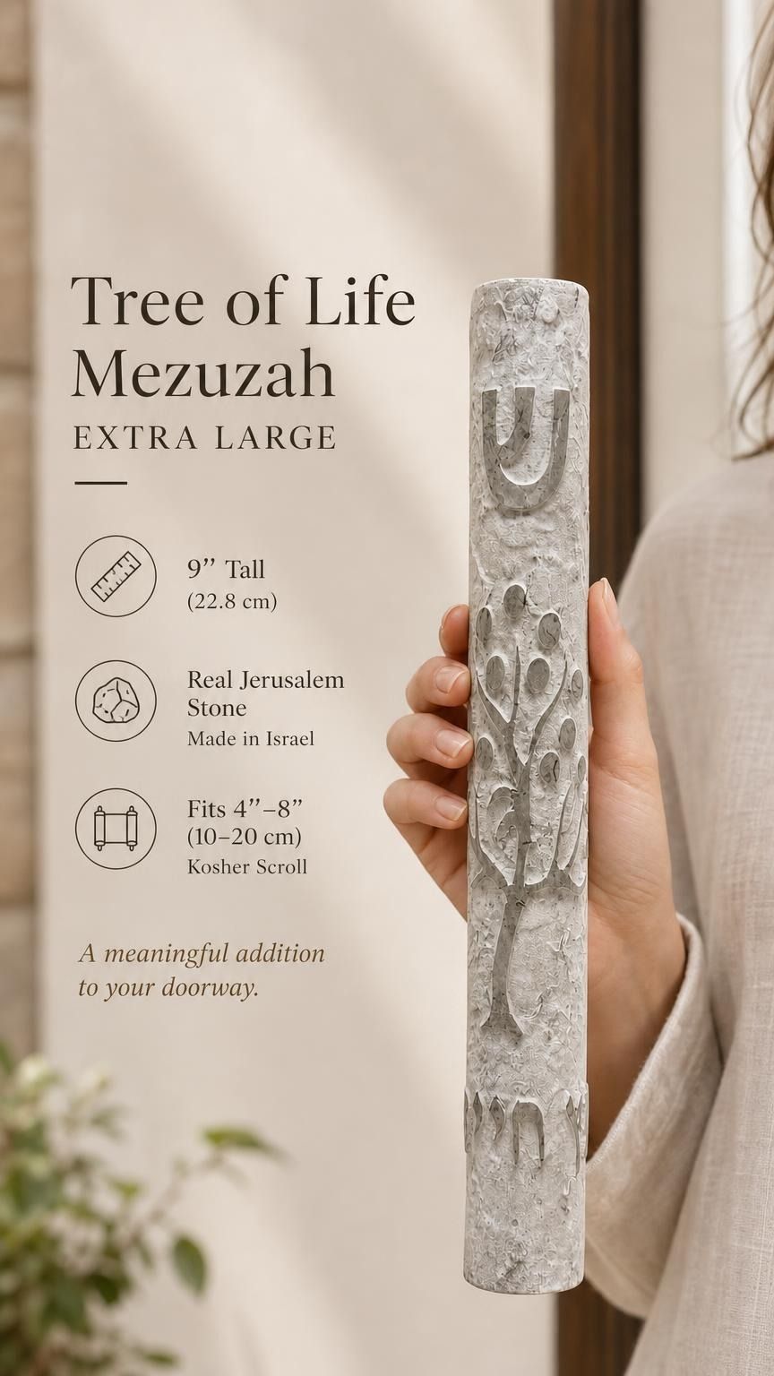 Hand holding the gray Etz Chaim Jerusalem stone mezuzah showing size and carved detail.