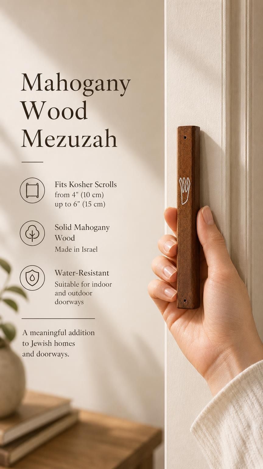 Close-up of a hand holding the 6.5-inch mahogany wood mezuzah showing grain and finish.