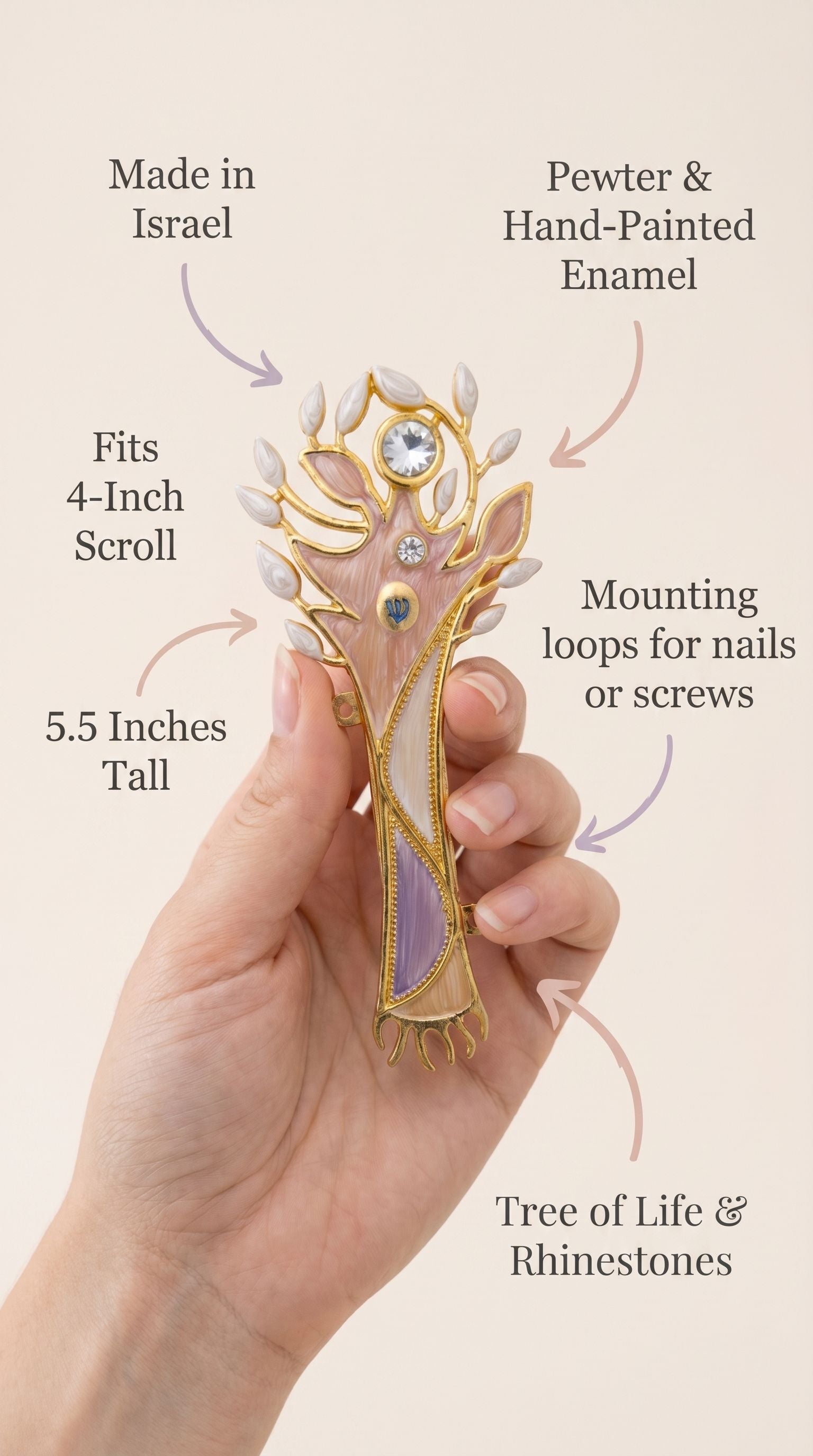 Minimalist callout image with a person holding the pastel tree of life mezuzah, highlighting its material, size, and design.
