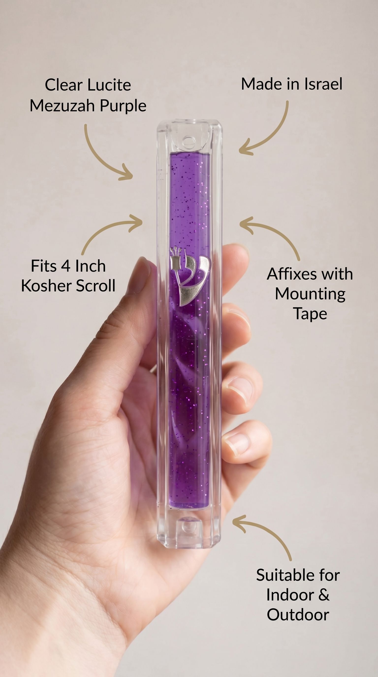 Close-up of hand holding purple lucite mezuzah, showcasing material, size, and mounting details.