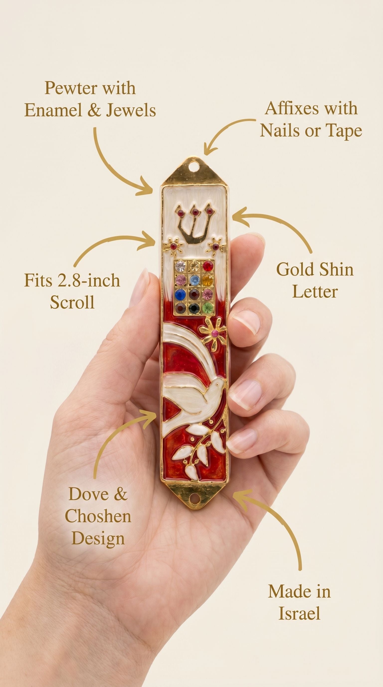 Minimalist callout image of a person holding the Twelve Jewels Dove Red Mezuzah, emphasizing the product's details and craftsmanship.