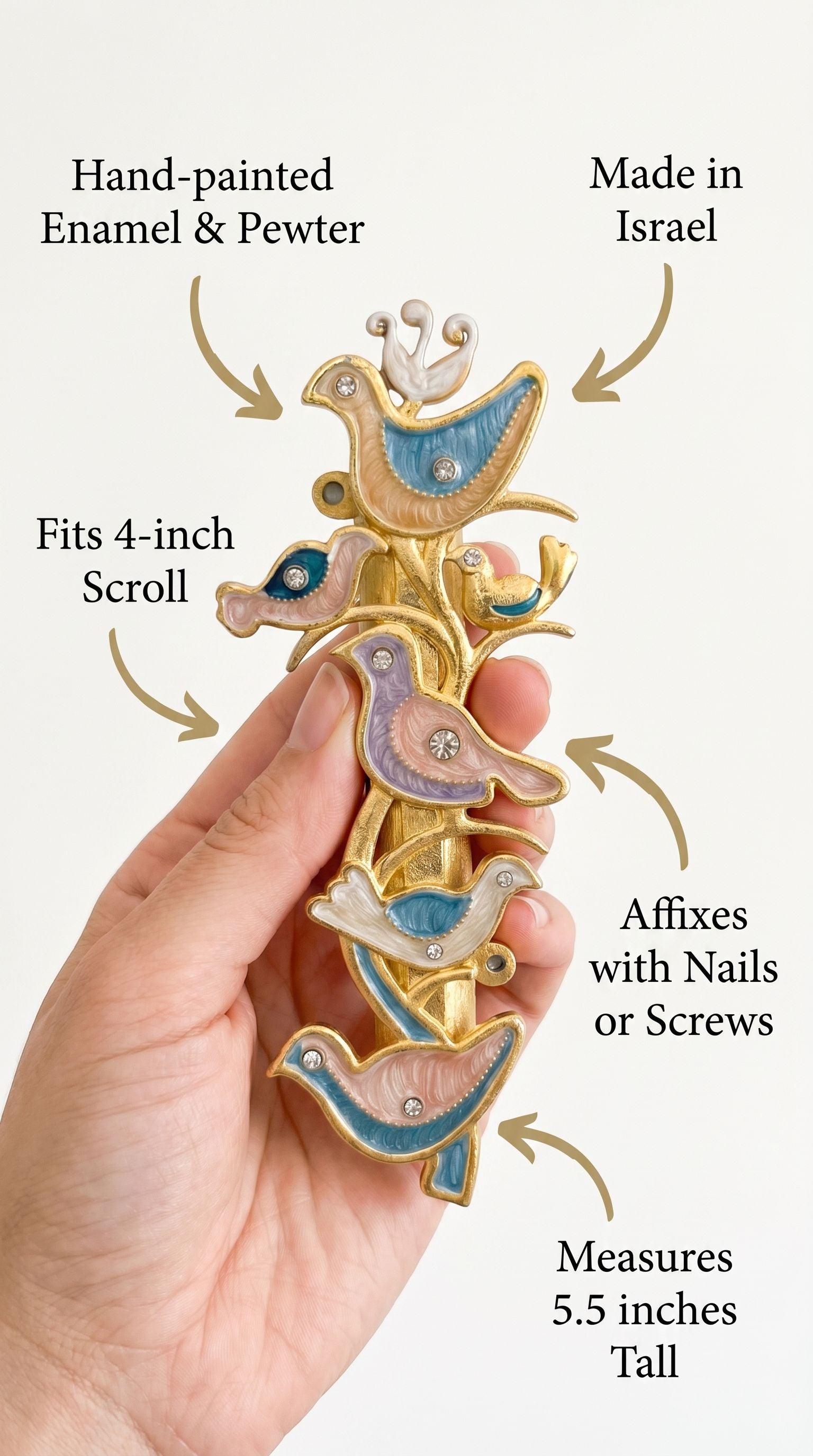 Close-up of a hand holding the Shalom Birds Mezuzah, emphasizing its material, size, and detailed design for a callout image.